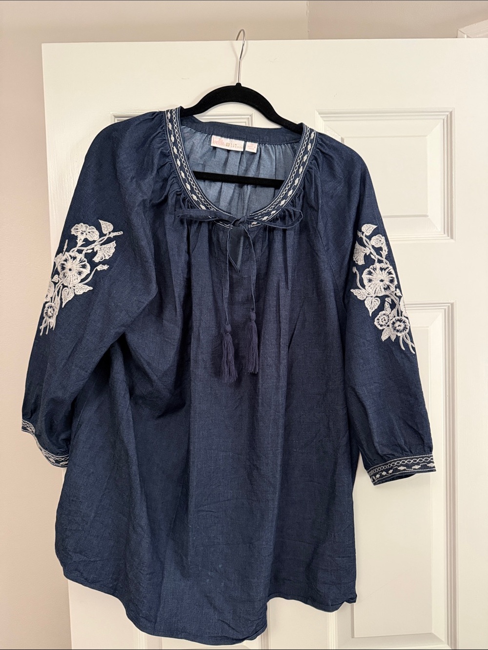 Embroidered denim Peasant Top with Tie Neck